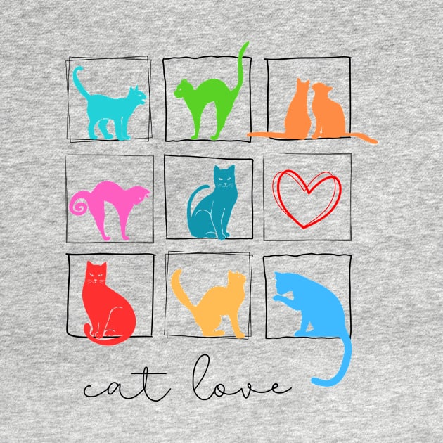 Nine colorful cats in square frame and one heart by Artpassion